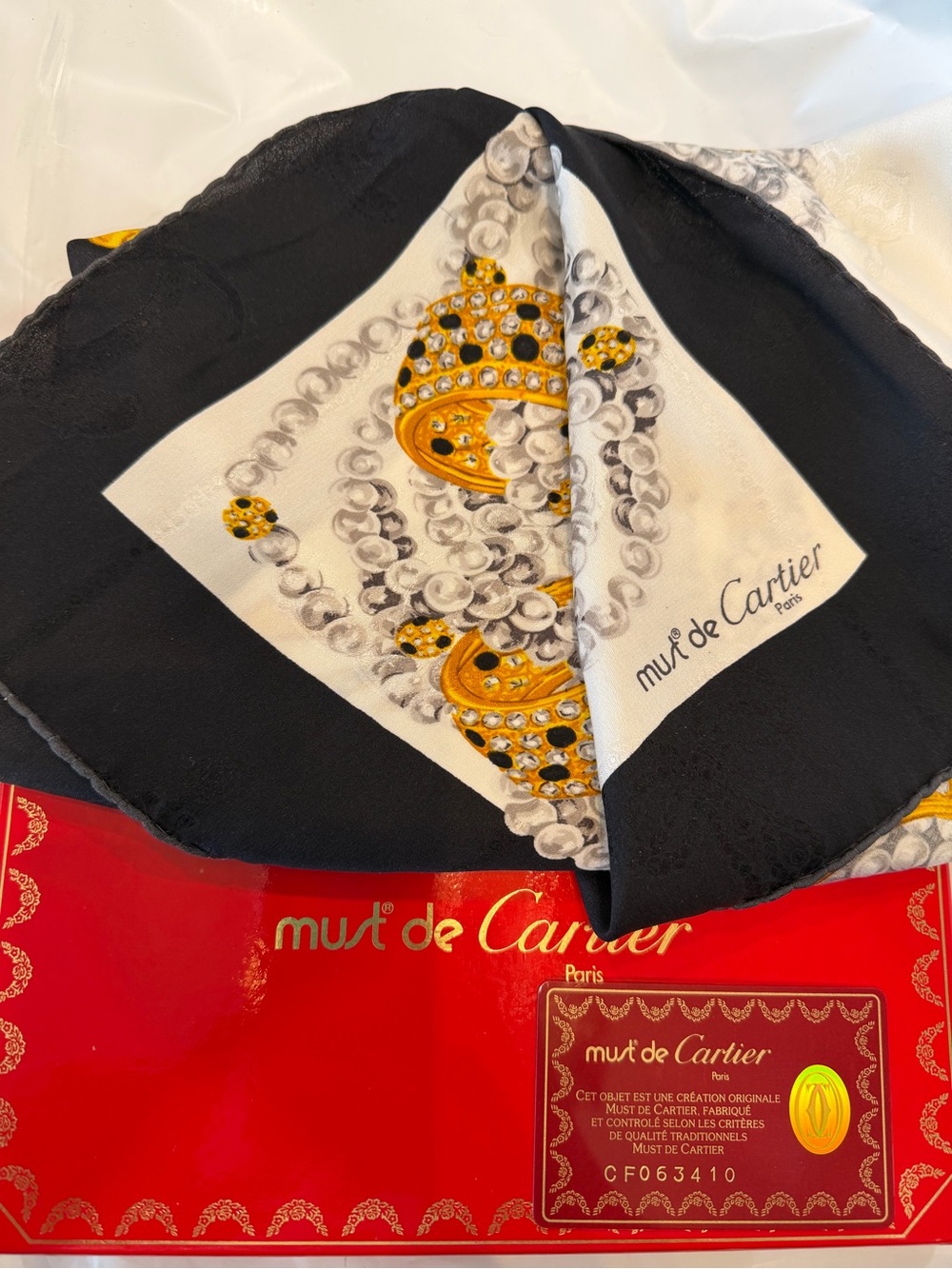 Cartier Silk Scarf in Black, White & Gold with Leopard Motif - Picture 2 of 5